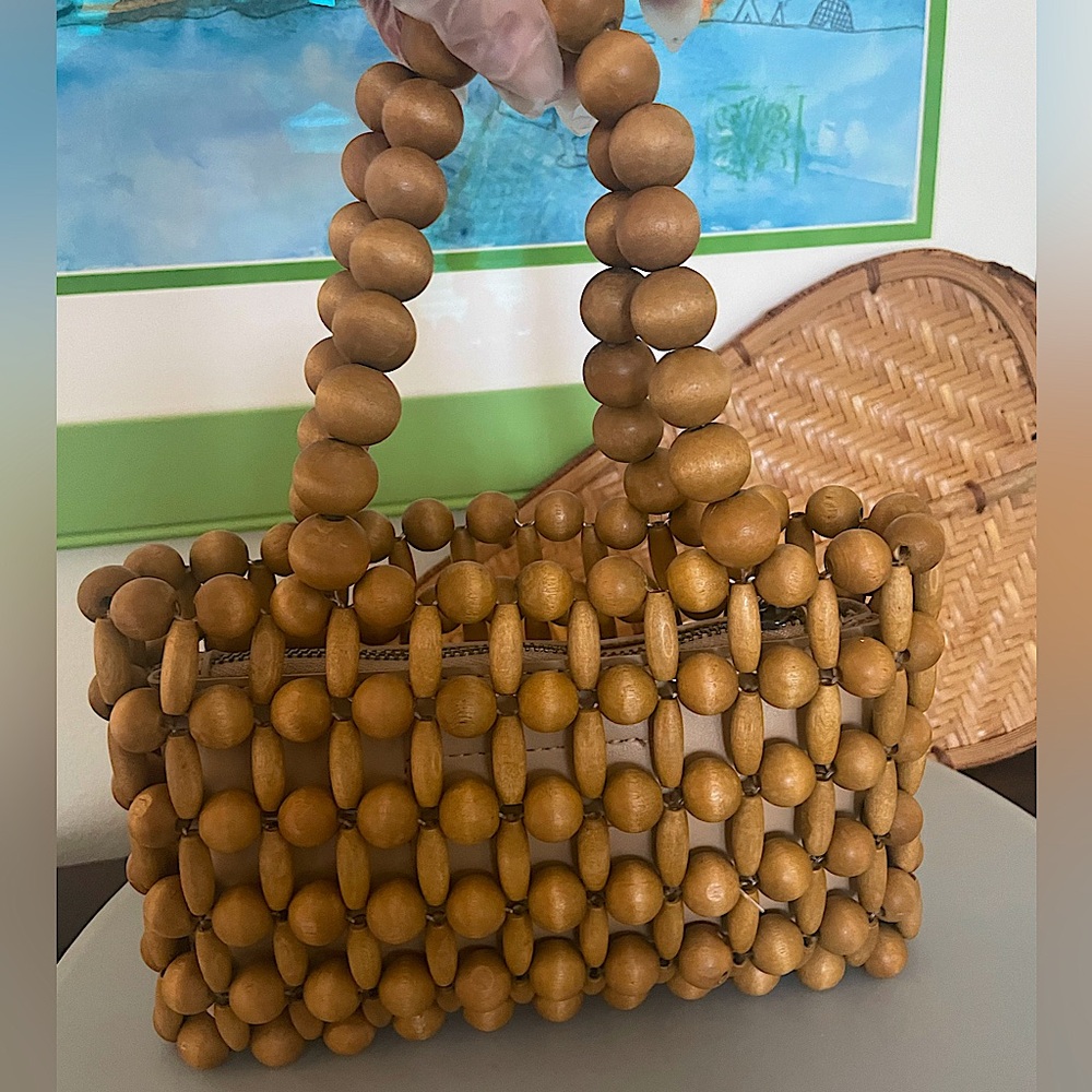 EUC / WOOD BEAD TOP HANDLE HANDBAG, OS